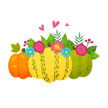 Orange and green pumpkins are decorated with flowers.のイラスト素材