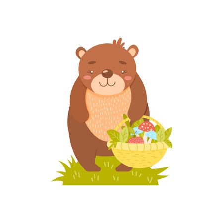 Bear with a basket of mushrooms and leaves. Simple illustration on an isolated background. Can be used as a design for office supplies, prints on clothes.のイラスト素材
