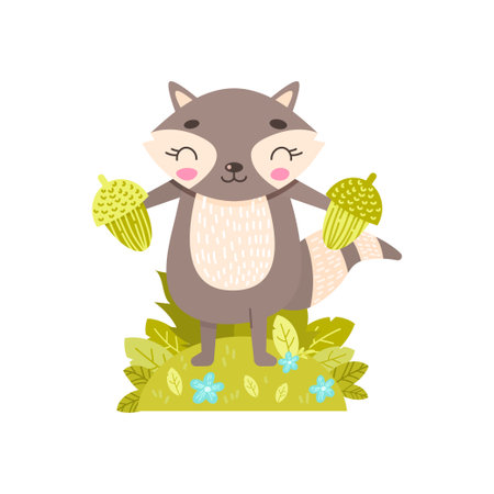 A cute raccoon holds acorns in its paws.のイラスト素材