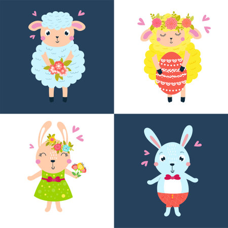 Set of Easter lamb and rabbit on colored background.のイラスト素材
