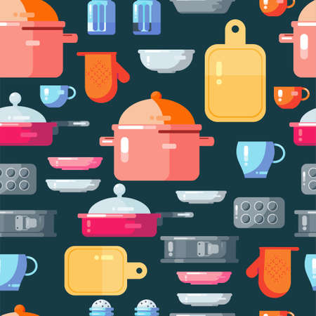 Seamless pattern kitchen utensils set of elements for home cooking on a dark background.のイラスト素材