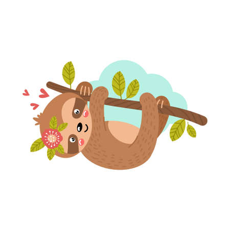 Baby sloth hanging on a branch. Cute vector illustration in hand drawn style. Suitable for cards, invitations, posters, prints, scrapbooking.のイラスト素材