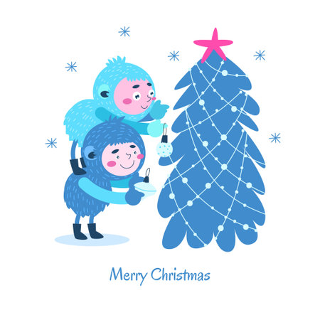 Two fabulous Yeti decorate the Christmas tree. A simple illustration on a white background. Cute monster.のイラスト素材