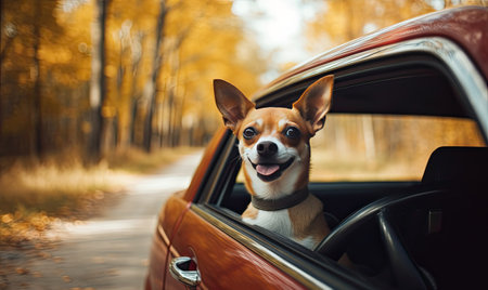 Dog enjoying from traveling by car. Nova Scotia Duck Tolling Retriever looking through window on roadの素材