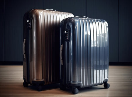 Travel Fashion. Closeup Shot Of Two Plastic Suitcases Standing At Empty Airport Corridor, Stylish Luggage Bags Waiting At Terminal Hall, Banner For Air Traveling And Vacation Booking Concept.の素材