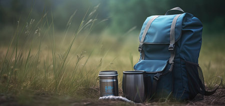 Backpack,  and travel mug in forest. Hiking equipment on footpath in woodland. panoramic view. Backpack of traveler,  coffee or tea on bank of beautiful forest river outdoorsの素材