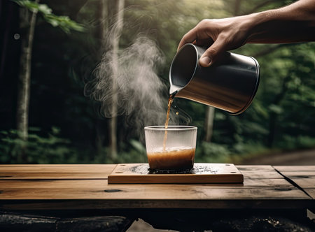 A man pours boiling water from a  at sunrise against the background of mountains.Boiling water is poured into a mug, around a drop of water and steam from boiling water, travel.の素材