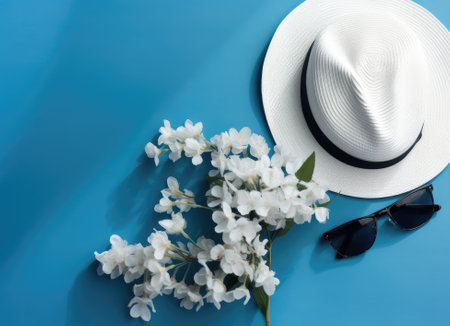 Top view of beach summer accessories with copy space. Lay flat holiday fashion background on white wooden table or floor. Horizontal frame for spa or wellness conceptの素材