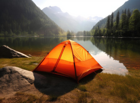 tourist lit tent by the lake at sunset. dramatic sky. Orange lit inside the tent and a fire over the misty river at sunset. dramatic sunset. summer landscape. The concept of privacy, travel and freedomの素材