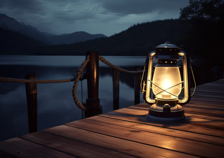Old kerosene lantern with warm yellow light on a bridge by a lake in the evening. Burning lantern on a stone in the moonlight. The light of the sun reflecting the water through the lampの素材