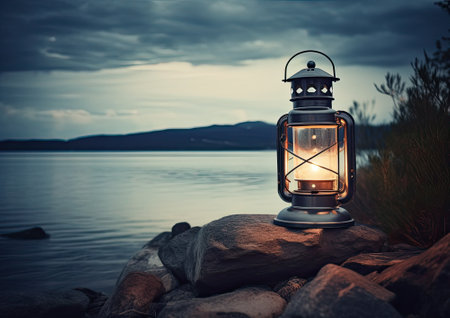 Old kerosene lantern with warm yellow light on a bridge by a lake in the evening. Burning lantern on a stone in the moonlight. The light of the sun reflecting the water through the lampの素材