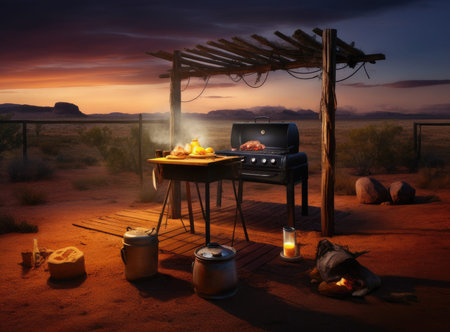 Travel and camping at natural park. Family outdoor activity and journey lifestyle on holiday. Good morning and fresh start of the day. Clean camping site in top of the mountain at the sunsetの素材