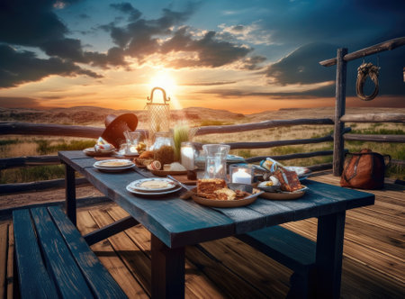 Travel and camping at natural park. Family outdoor activity and journey lifestyle on holiday. Good morning and fresh start of the day. Clean camping site in top of the mountain at the sunsetの素材