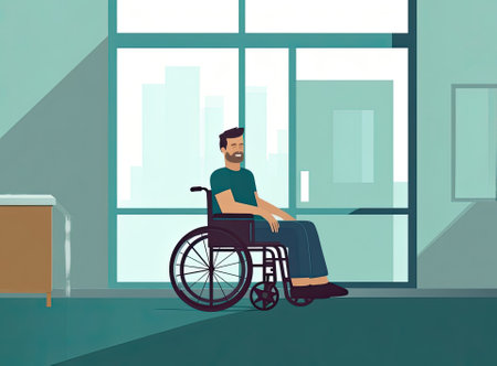 Elderly disabled man sitting in a wheelchair, view won't, hopeful young man sitting on a wheelchair in studioの素材