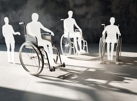Elderly disabled man sitting in a wheelchair, view won't, hopeful young man sitting on a wheelchair in studioの素材