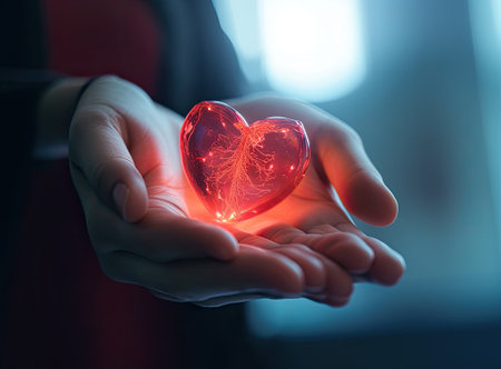 The woman is holding a red heart. Concept for charity, health insurance, love, international cardiology dayの素材