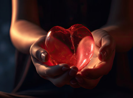 The woman is holding a red heart. Concept for charity, health insurance, love, international cardiology dayの素材