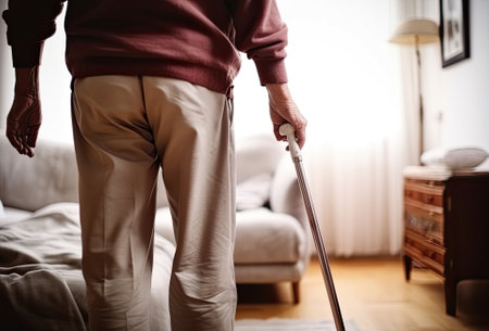 Low section of a disabled person using crutches to walk. Disabled man and woman use crutches to walk at homeの素材