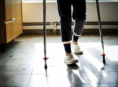 Low section of a disabled person using crutches to walk. Disabled man and woman use crutches to walk at homeの素材