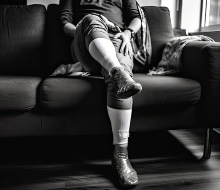 The guy is sitting on the couch in a cast. The leg is in a castの素材