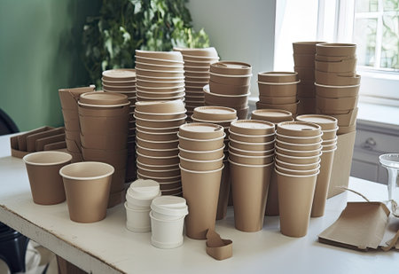 The concept of zero waste and recycling. Use of eco-friendly paper tableware and packaging made from biodegradable materialsの写真素材