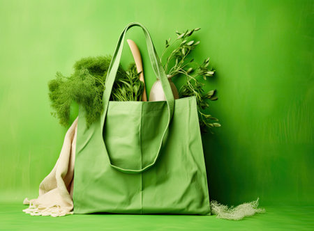 Plastic free set with cotton bag, glass jar, green leaves and recycled tableware top view. Zero waste, eco friendly concept. flat lay.の写真素材
