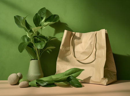 Plastic free set with cotton bag, glass jar, green leaves and recycled tableware top view. Zero waste, eco friendly concept. flat lay.の写真素材