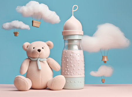 Flat lay with baby sleep accessories with milk bottles, pacifier, pajamas. Newborn sleeping rules concept.の素材