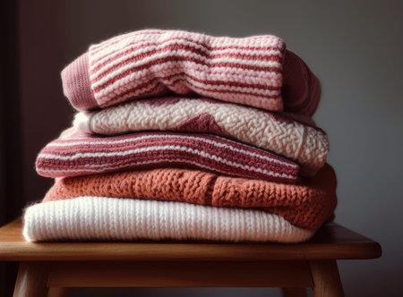 Stack of clean freshly laundered, neatly folded women's clothes on wooden table. Pile of shirts,...