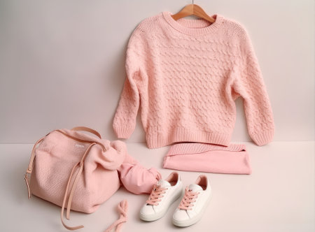 Casual fashion lookbook concept. Clothing and accessory items on white paper textured background with a lot of copy space for text. Top view, flat lay, close upの写真素材