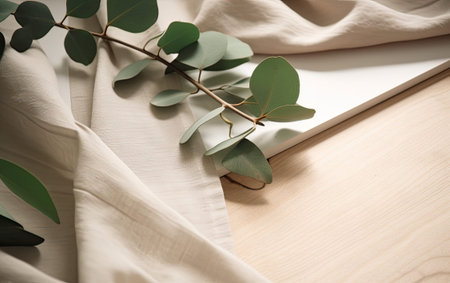 Wood cutting board with linen napkin and plant on marble table with copy space, top view