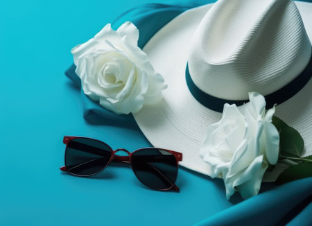 Top view of beach summer accessories with copy space. Lay flat holiday fashion background on white wooden table or floor. Horizontal frame for spa or wellness conceptの素材