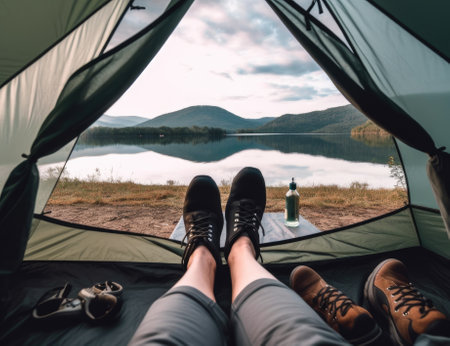 Shoes, camping and tent with a couple by a lake out in nature while hiking for adventure or travel together. Water, forest and freedom with a man and woman outdoor in the mountain to relax or getawayの素材