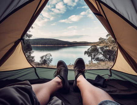 Shoes, camping and tent with a couple by a lake out in nature while hiking for adventure or travel together. Water, forest and freedom with a man and woman outdoor in the mountain to relax or getawayの素材