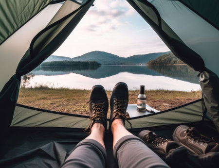 Shoes, camping and tent with a couple by a lake out in nature while hiking for adventure or travel together. Water, forest and freedom with a man and woman outdoor in the mountain to relax or getawayの素材