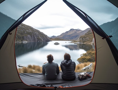 Shoes, camping and tent with a couple by a lake out in nature while hiking for adventure or travel together. Water, forest and freedom with a man and woman outdoor in the mountain to relax or getawayの素材