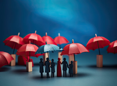 Red toy umbrella and wooden doll figures isolated on a blue background. insurance coverage conceptの素材