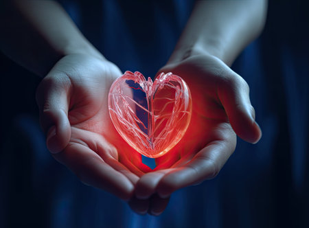 The woman is holding a red heart. Concept for charity, health insurance, love, international cardiology dayの素材