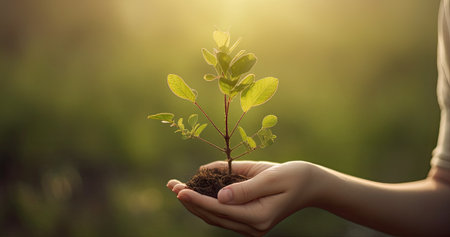 hand holding young plant on blur green nature background. concept eco earth dayの素材