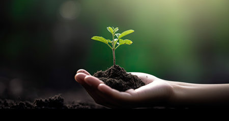 hand holding young plant on blur green nature background. concept eco earth dayの素材