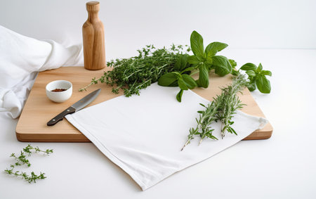 Wood cutting board with linen napkin and plant on marble table with copy space, top view