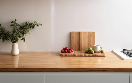 Wood cutting board with linen napkin and plant on marble table with copy space, top view