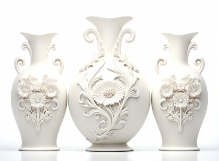 Isolated flowers in vases on white background, white bouquet of hydrangeaの写真素材