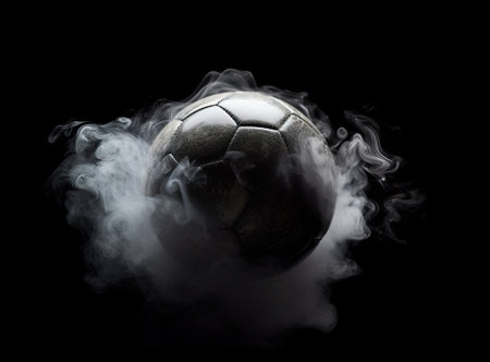 Moving soccer ball around splash drops on the stadium fieldの写真素材