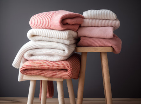 Stack of clean freshly laundered, neatly folded women's clothes on wooden table. Pile of shirts, dresses and sweaters on the table, white wall background. Copy space, close up, top viewの写真素材