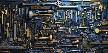 Wrench tightens bolt in steel billet. Spanner, bolt, screw and nuts.