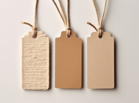 Blank tag tied for hang on product for show price or discount isolate on white background with clipping pathの写真素材