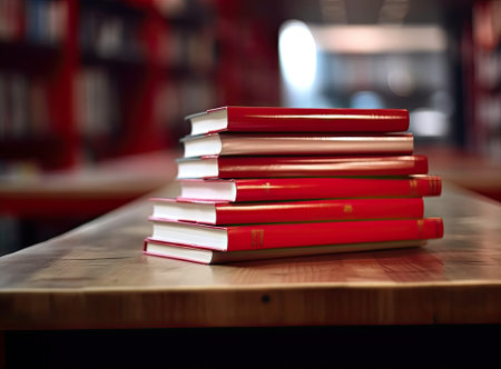 Close-up of several books stacked on a wooden table selective focus and shallow depth of fieldの写真素材