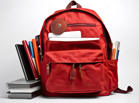 Backpack with school supplies on wooden table, on wall background.