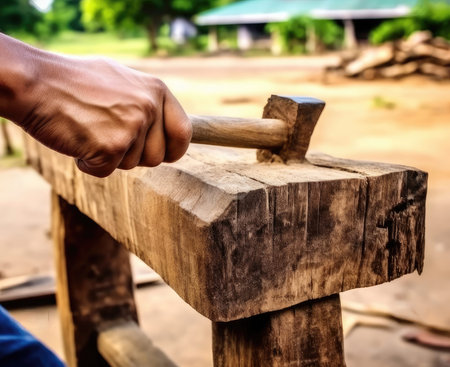 The carpenter is repairing the house. He makes nails using a hammer.